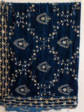 Embroidered Teal Blue Velvet Dupatta embellished with Gold Thread & Sequins  New